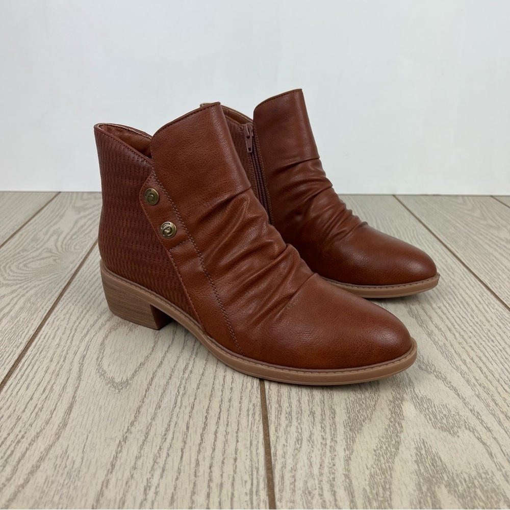 Baretraps Women's Stevie Button Ankle Booties 8M Cognac Faux Leather $80